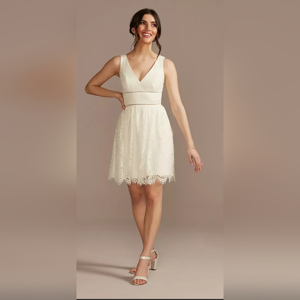 V-Neck Lace Short Sheath Party Dress | David's Bridal (Ivory)
